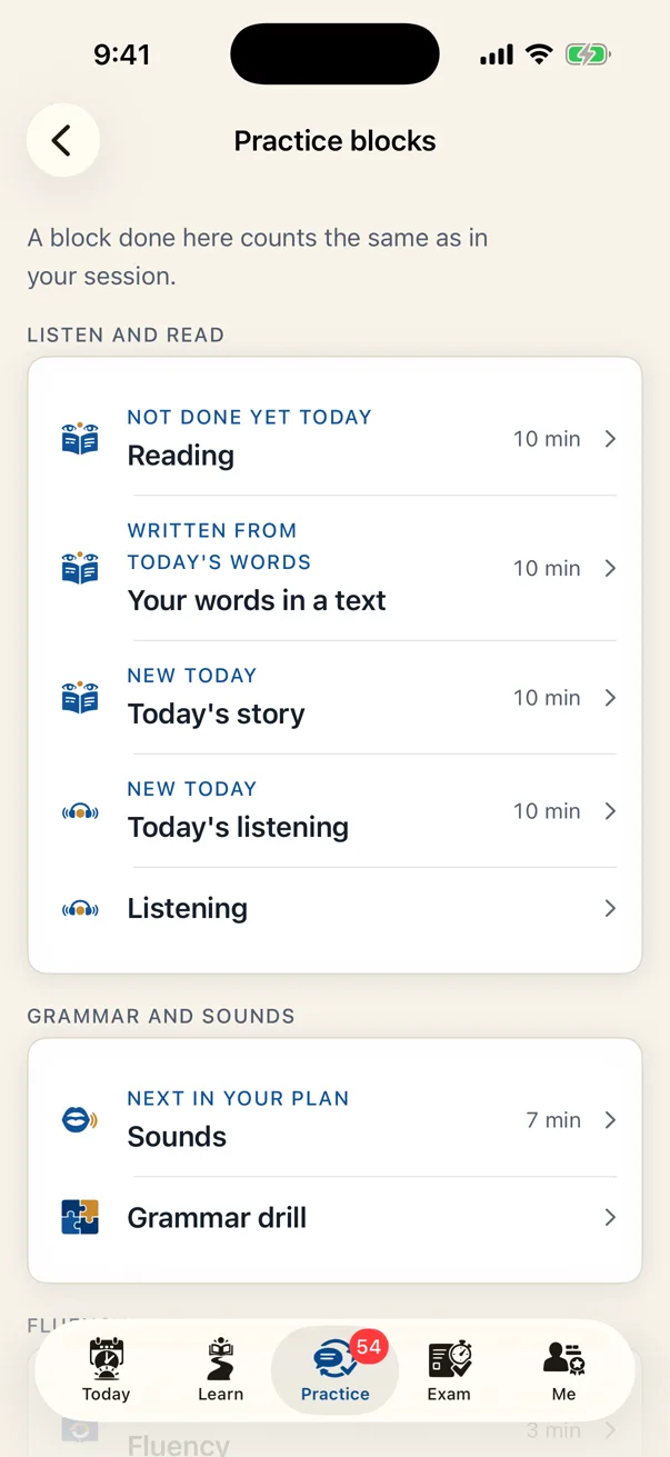 Practice blocks in Lautly: every block the session can offer, grouped as listen and read, grammar and sounds, with today’s reasons.