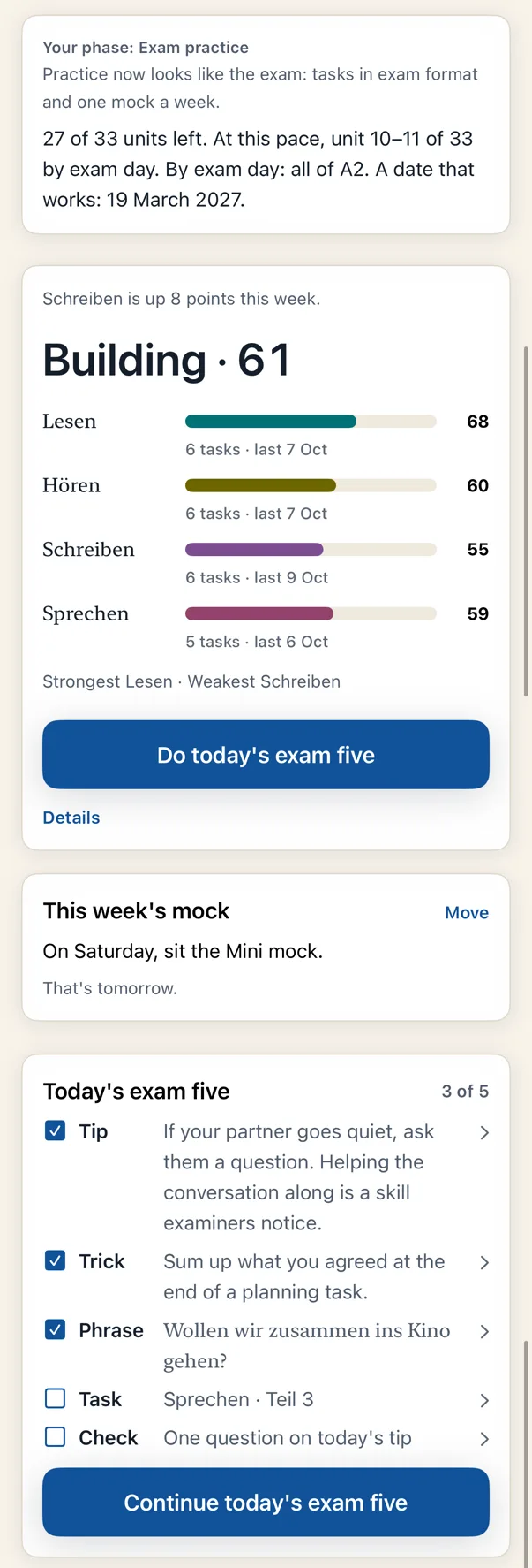 Today’s exam five in Lautly: a tip, a trick, a phrase, a Schreiben task and a check, with this week’s mock on Saturday and the library above.
