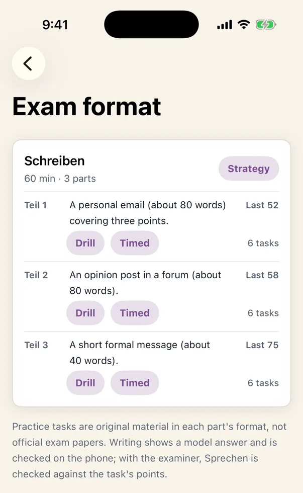 Exam format mode in Lautly: Schreiben, 60 minutes in three parts, each with Drill and Timed and its last score.