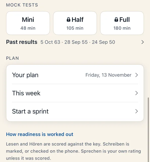 The Exam tab in Lautly: Mini, Half and Full mock tests, past results, your plan, this week and the sprint.