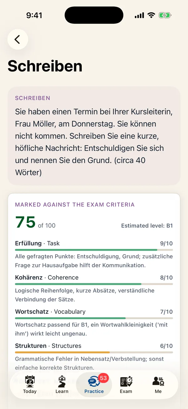 A Schreiben task in Lautly: a short polite message to your course leader cancelling an appointment, with Take a photo for an answer written on paper.