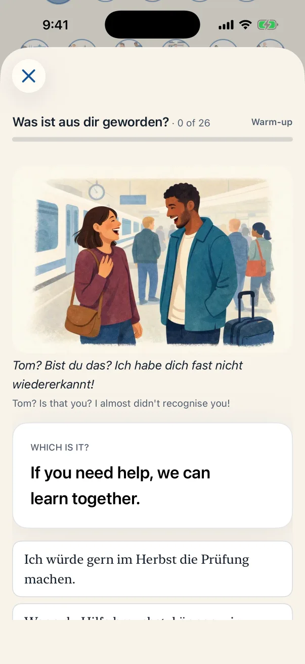 A lesson in Lautly: the B1 dialogue Was ist aus dir geworden? with its picture, a line and an exercise.