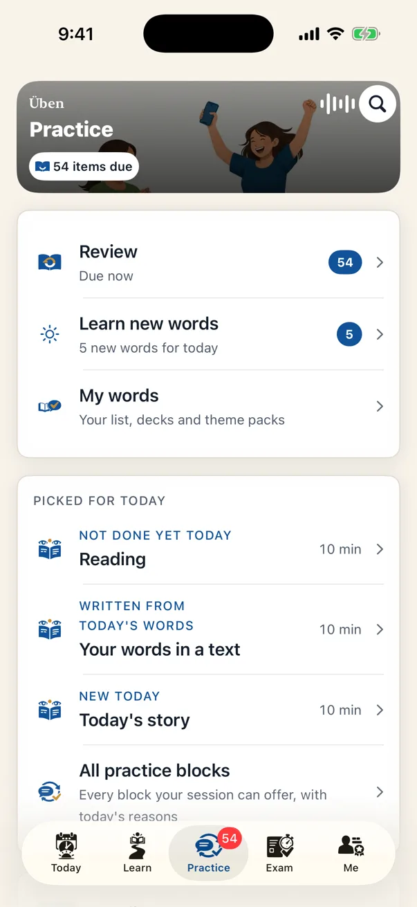 Practice in Lautly: review, new words and My words, then today’s picks, Listening, Your words in a text and Today’s story, each with its reason and minutes.