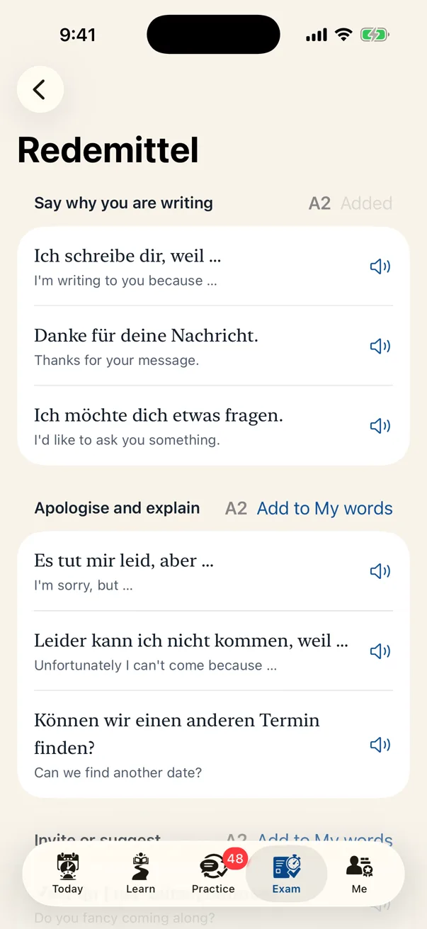 Redemittel in Lautly: phrases to close a formal letter at A2 and to give an opinion at B1, each set with Add to My words.