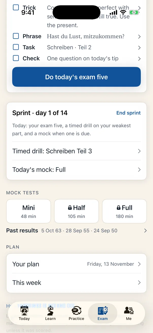 Sprint, day 1 of 14 in Lautly: today’s exam five, a timed drill on the weakest part, and today’s mock.