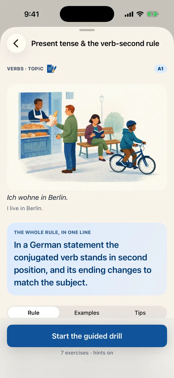A grammar topic in Lautly: the whole rule in one line, then the rule, examples and tips.