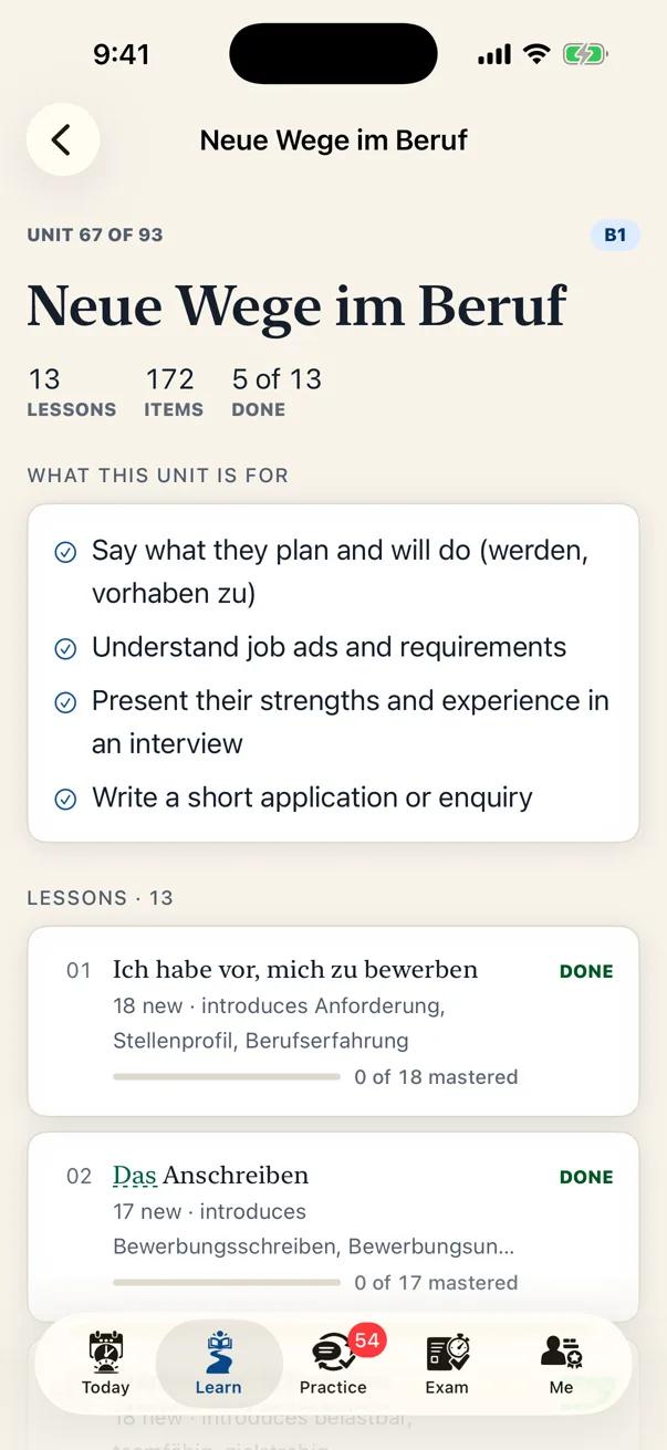 A B1 unit in Lautly: Zwei Jahre später, with what the unit is for and its twelve lessons.